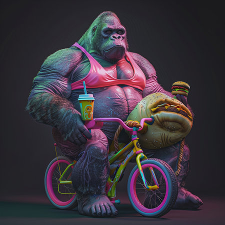 Funny gorilla rides a bicycle and drinks coffee on a dark background.の素材