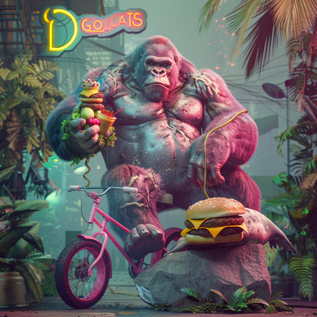 Gorilla with burger and bicycle in the park. 3d renderingの素材