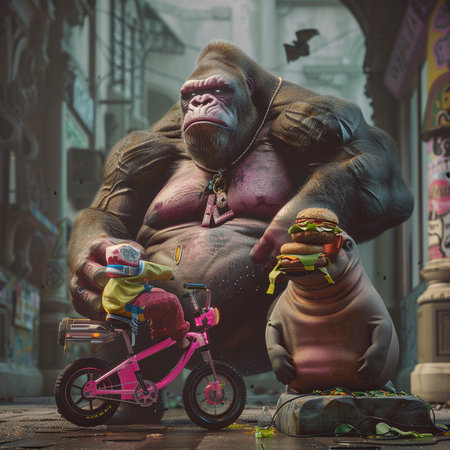 Gorilla rides a bike on the street of an old city.の素材