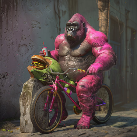 Gorilla rides a bicycle in the city. 3d illustrationの素材