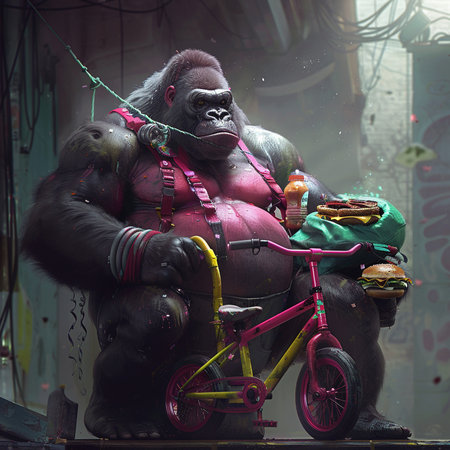 Gorilla rides a bicycle in the amusement park. Artwork.の素材