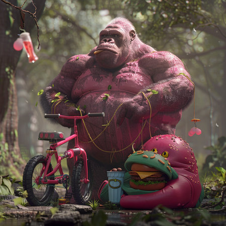 Funny gorilla in the forest with a bicycle and a hamburgerの素材