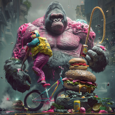 Gorilla with big hamburger and cheeseburger in the cityの素材