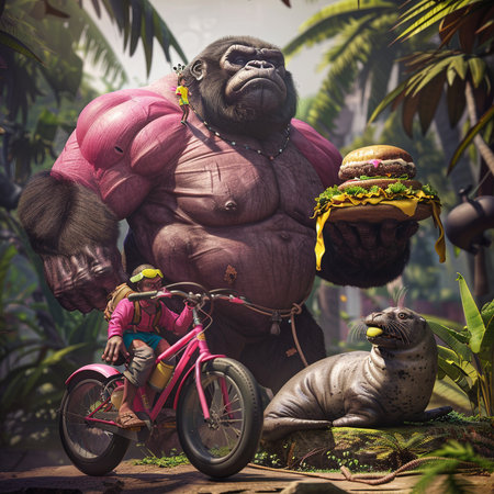 Gorilla riding a bicycle with a burger in the jungle.の素材