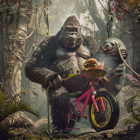 Gorilla with a bicycle in the jungle,3d renderの素材