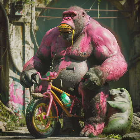 Gorilla rides a bike in the city. Gorilla rides a bicycle.の素材