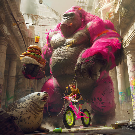 Giant monkey rides a bicycle in the street of Mumbai, Indiaの素材