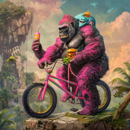 Gorilla rides a bicycle in the jungle. 3d renderの素材