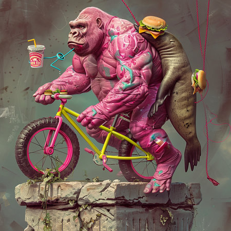 Gorilla rides a bicycle and eats a hamburger. 3d illustrationの素材