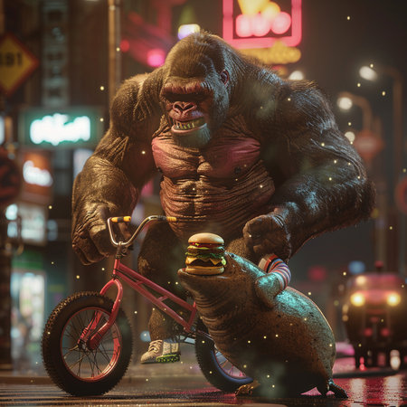 gorilla rides a bicycle in the night city. 3d renderingの素材