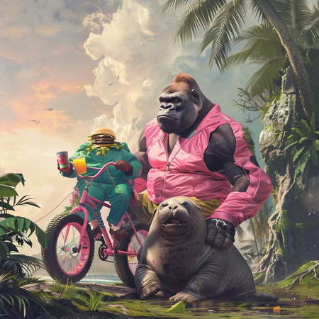 Gorilla and monkey on the background of the jungle with a bicycleの素材