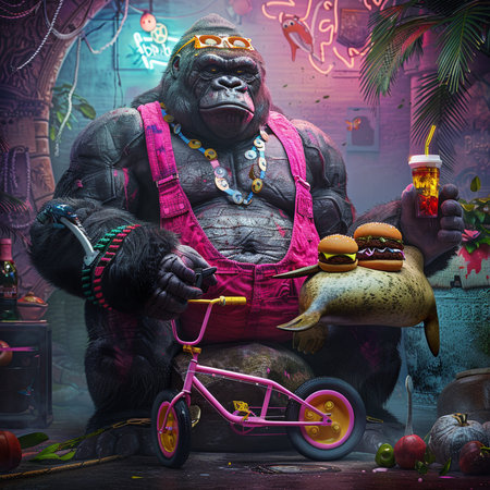 gorilla with a bike and a drink in his hand. 3d illustrationの素材