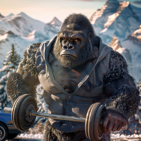 gorilla lifting a barbell on the background of snowy mountains.の素材