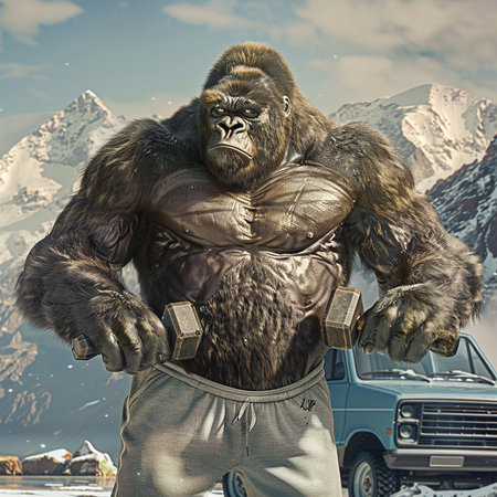 Gorilla in front of an American car. 3D renderingの素材