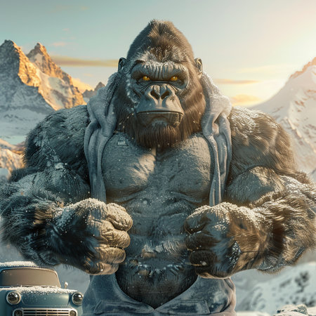 Gorilla on the background of mountains. 3D illustrations.の素材