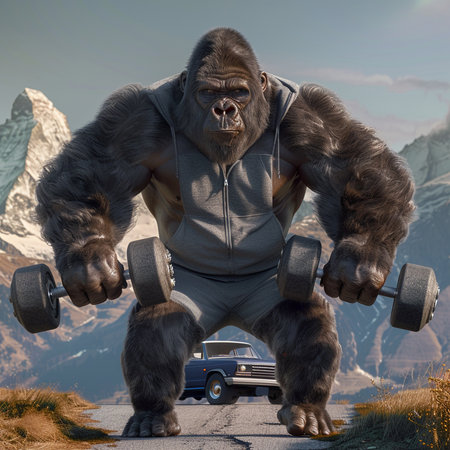 gorilla with dumbbells on the road. 3d illustrationの素材