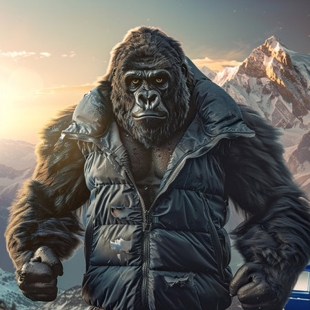 Gorilla in a winter jacket on the background of mountains.の素材