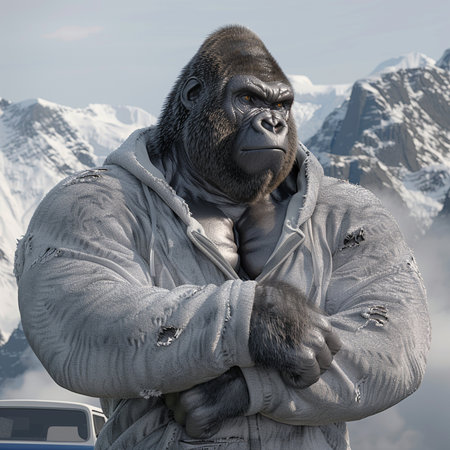 Gorilla on the background of snowy mountains. 3d illustrationの素材