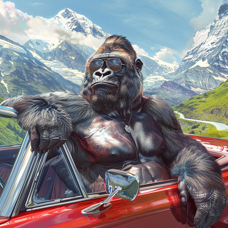 Gorilla in the hood of a red car on the background of mountainsの素材