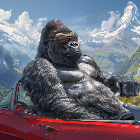Gorilla in the cabriolet of the car against the background of mountainsの素材