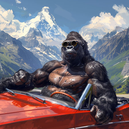 Gorilla in the cabriolet on a background of mountainsの素材