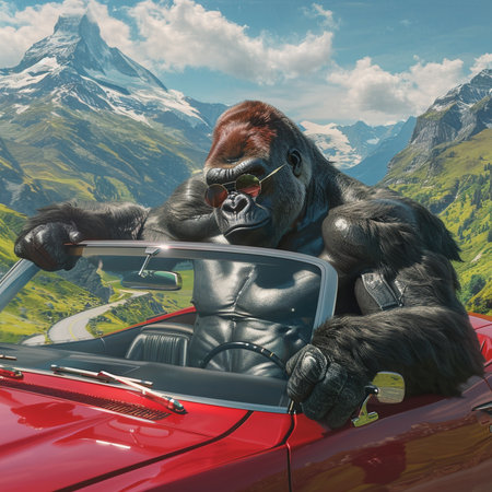 Gorilla in convertible car with Matterhorn in the background.の素材