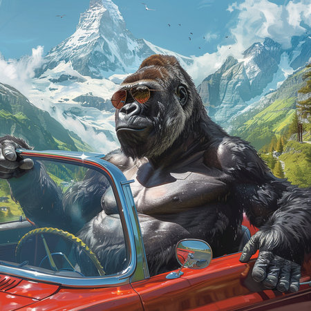 Gorilla in the cabriolet on the background of mountainsの素材