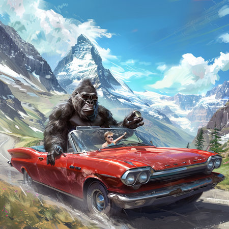 gorilla driving convertible car on the background of mountains. 3d illustrationの素材