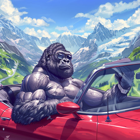 Gorilla in the cabriolet with mountains in the backgroundの素材