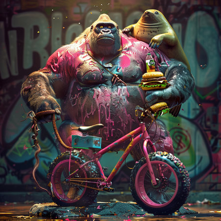 Gorilla rides a bicycle on the graffiti background. 3d illustration.の素材