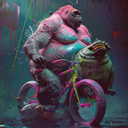 Gorilla rides a bicycle in the rain. 3d renderの素材