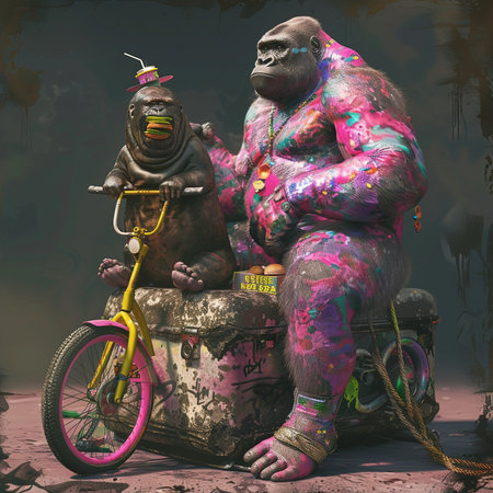 Gorilla riding a bike. Grunge background. 3d illustrationの素材