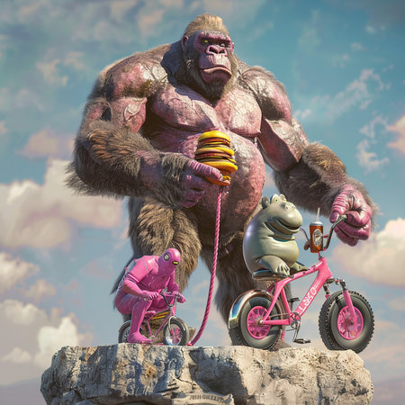 Gorilla riding a bike and a monkey. 3D illustrations.の素材