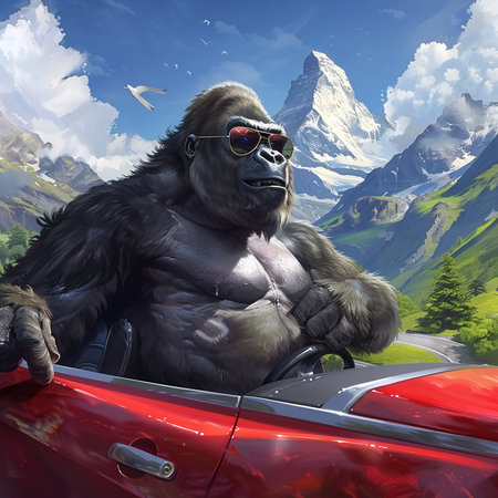 Gorilla in a convertible car on a background of the mountainsの素材