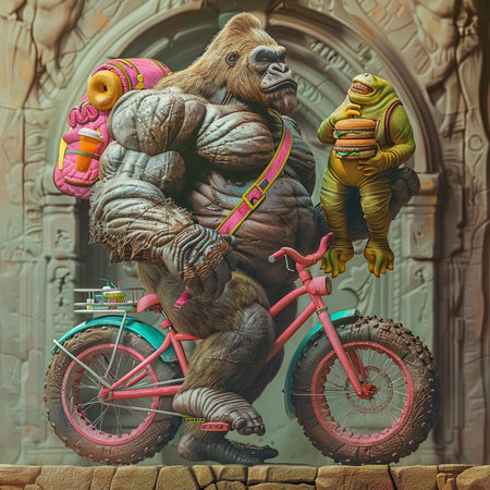The figure of a gorilla with a bicycle on the background of the wall.の素材