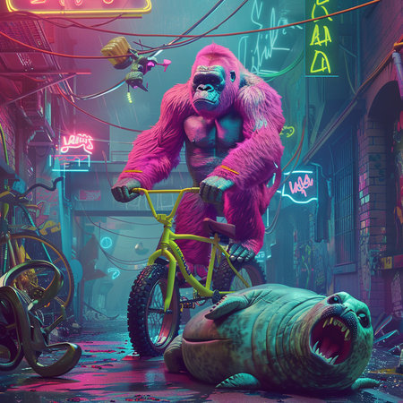 Gorilla rides a bicycle in the night city. 3d illustrationの素材