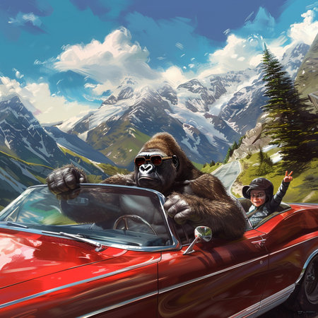 Gorilla in cabriolet on mountain background. 3d illustrationの素材