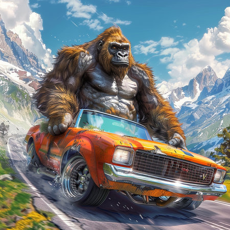 Gorilla driving a car on the road in the mountains.の素材