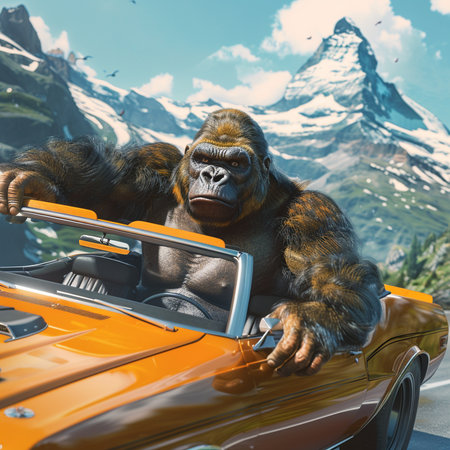 gorilla driving a convertible car with the Matterhorn in the backgroundの素材