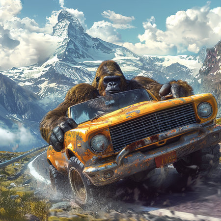Gorilla on an off-road car in the mountains.の素材
