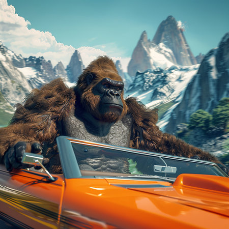 Gorilla in an orange cabriolet. 3d renderの素材