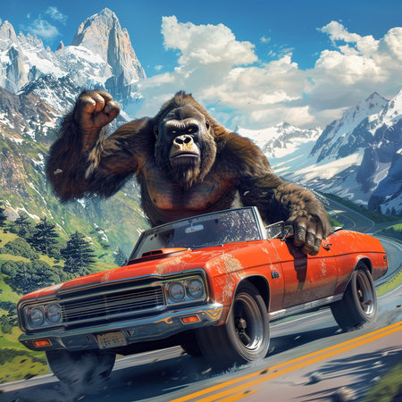 Gorilla driving a car on the road in the mountains.の素材