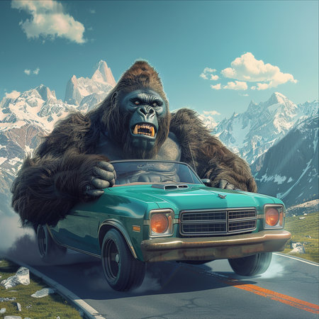 gorilla driving a car on the road in the mountains. 3d illustrationの素材
