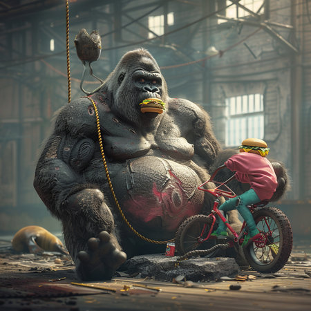 Gorilla with a child and a bicycle in an abandoned factoryの素材