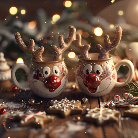 Merry Christmas and Happy New Year greeting card. Reindeer in cup.の素材