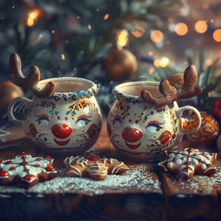 Christmas still life with two cups of hot chocolate with reindeer and gingerbread cookiesの素材