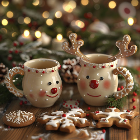Two cups of hot chocolate with marshmallows, gingerbread cookies and Christmas decorations on wooden backgroundの素材