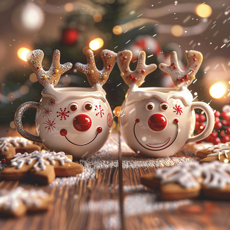Christmas greeting card with cup of hot chocolate, gingerbread cookies and reindeer.の素材