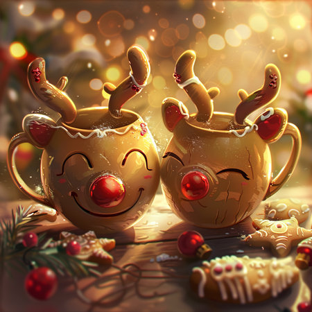 Christmas and New Year background with funny reindeer and gingerbread cookiesの素材