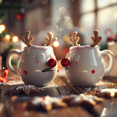 Christmas background with cup of coffee and cookies on wooden table with bokeh lightsの素材
